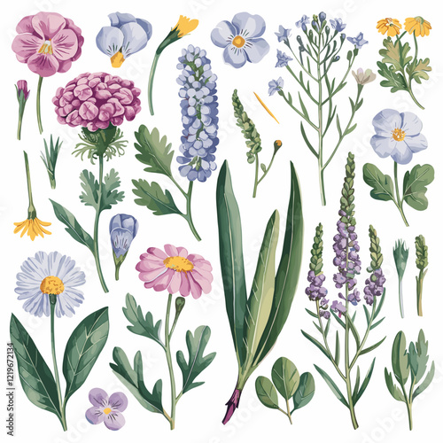 Botanical Illustration of Edible Flowers and Herbs