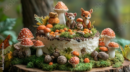 A woodland-themed birthday cake with edible mushrooms, moss, and woodland animal toppers photo