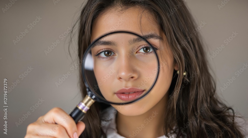 Young Girl Observing Through Magnifying Glass for Exploration and Curiosity Young Girl Observing Through Magnifying Glass for Exploration and Curiosity