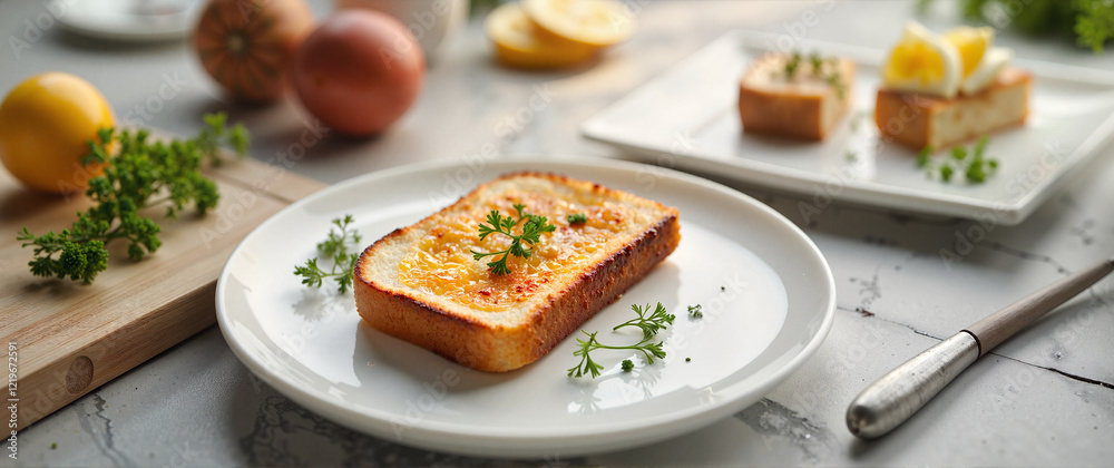 Crisp toast Skagen served on white plate, fresh morning ambiance Crisp toast Skagen served on white plate, fresh morning ambiance