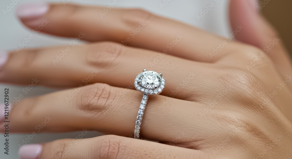 A close-up of a woman hand wearing an exquisite diamond engagement ring featuring a round solitaire stone surrounded by small diamonds A close-up of a woman hand wearing an exquisite diamond engagement ring featuring a round solitaire stone surrounded by small diamonds
