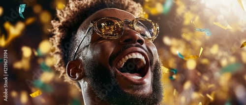 Man smiling joyfully surrounded by colorful confetti in festive atmosphere with bright lighting photo