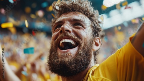 Cheerful bearded man celebrating in a crowded stadium with confetti flying, vibrant yellow theme and joyful atmosphere