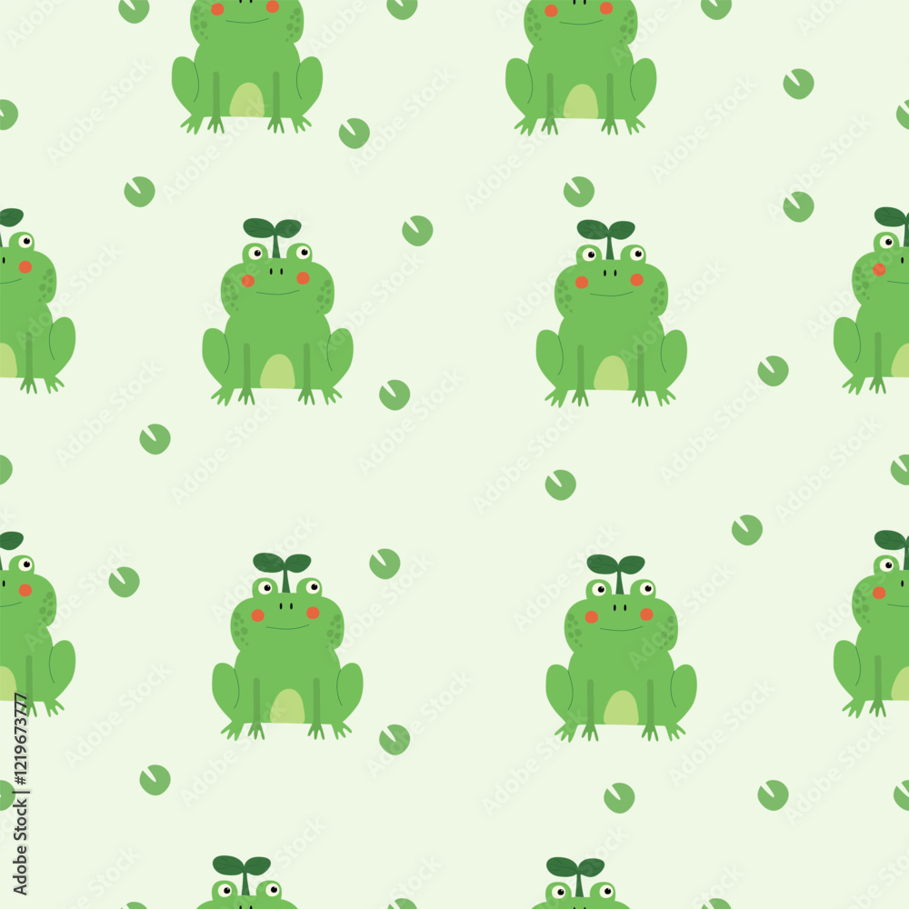 A seamless pattern featuring cute green frogs with leafy accents on a light green background. The repeating design creates a playful and cheerful vibe A seamless pattern featuring cute green frogs with leafy accents on a light green background. The repeating design creates a playful and cheerful vibe