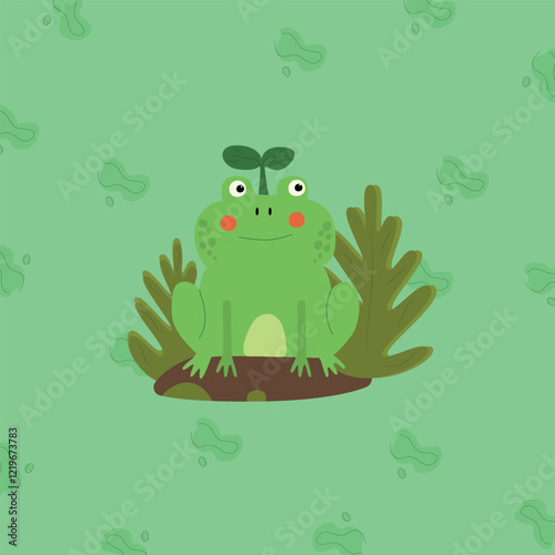 A delightful illustration of a cute green frog sitting on a patch of grass with leafy plants in the background. The frog is smiling with rosy cheeks