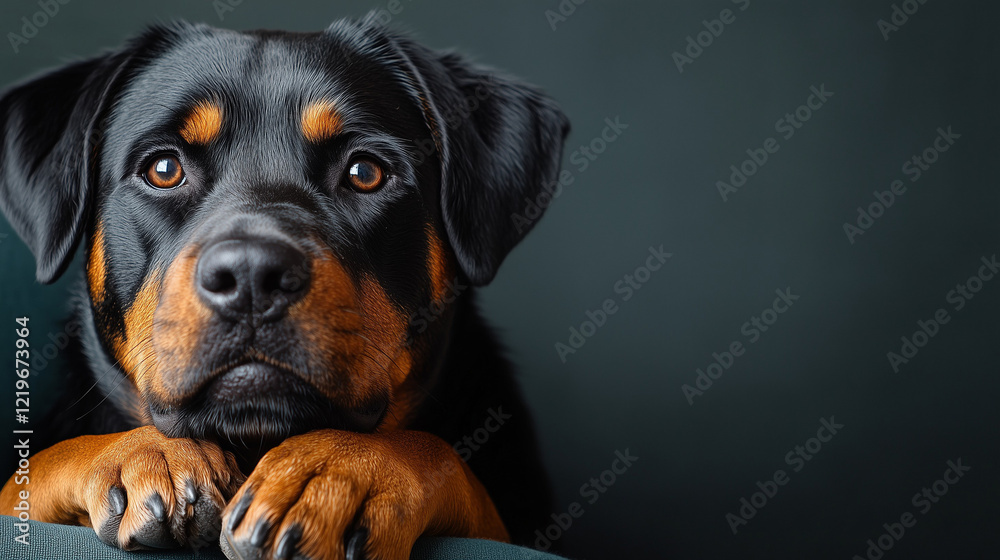 Fototapeta premium Rottweiler with Thoughtful Expression against Dark Background