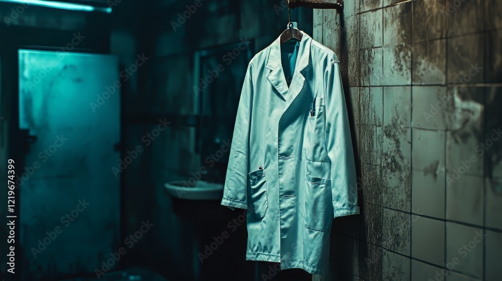 Naklejka premium Lab coat hanging in old bathroom