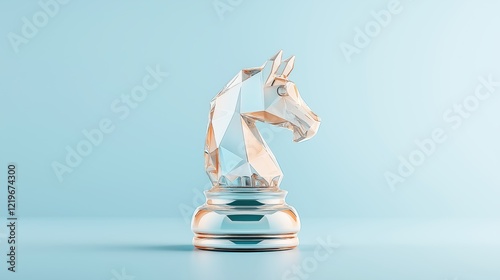 Contemporary glass chess knight on minimalist blue background geometric design, transparency, strategic symbolism, modern aesthetic, elegant business concept