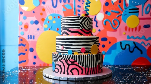 An artistic abstract cake with colorful patterns and bold party accessories
