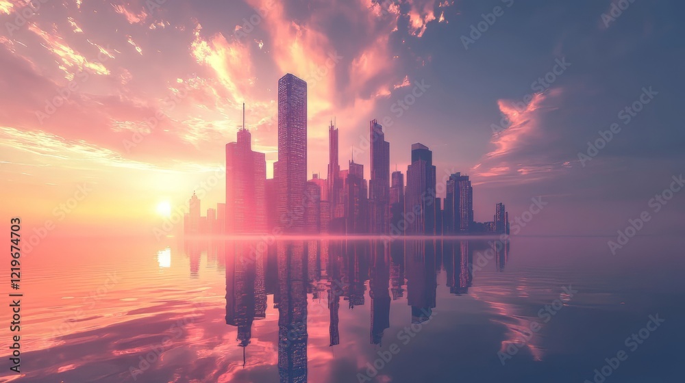 Fototapeta premium City skyline at sunset reflection