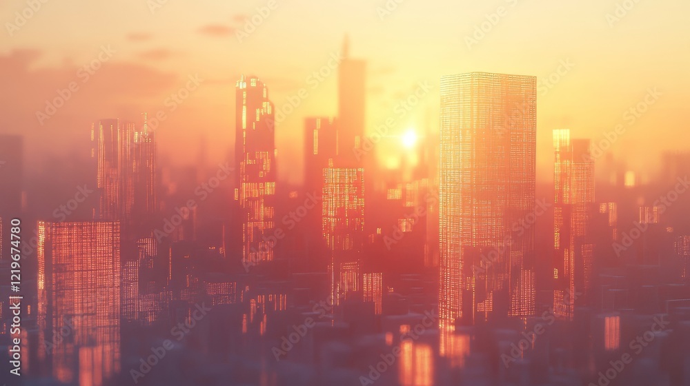 Fototapeta premium Cityscape at sunset, warm glow