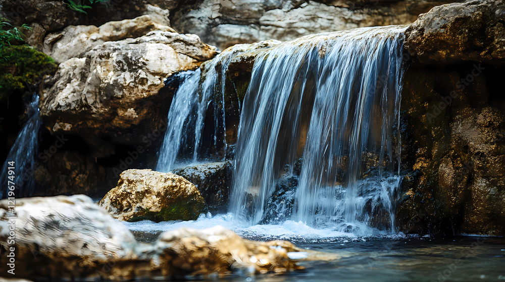 Naklejka premium Waterfall cascading down a rocky cliff. Waterfall Cascade. Illustration
