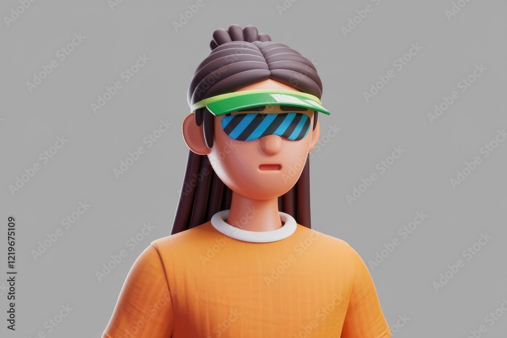 A 3D cartoon girl with long hair, wearing a visor and striped sunglasses, looks serious. A 3D cartoon girl with long hair, wearing a visor and striped sunglasses, looks serious.