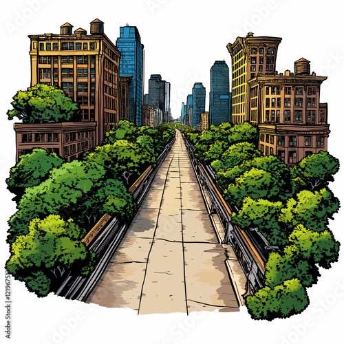 Vector comic hand-drawn illustration of High Line Park. High Line Park in New York