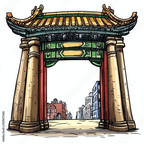 Vector comic hand-drawn illustration of Chinatown gate. Chinatown gate in New York