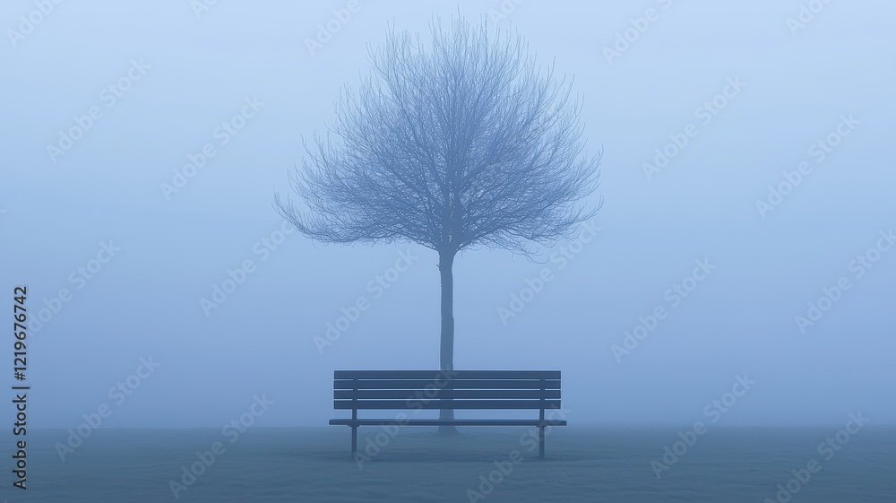 A solitary tree stands shrouded in mist beside a bench, creating a tranquil and contemplative atmosphere.