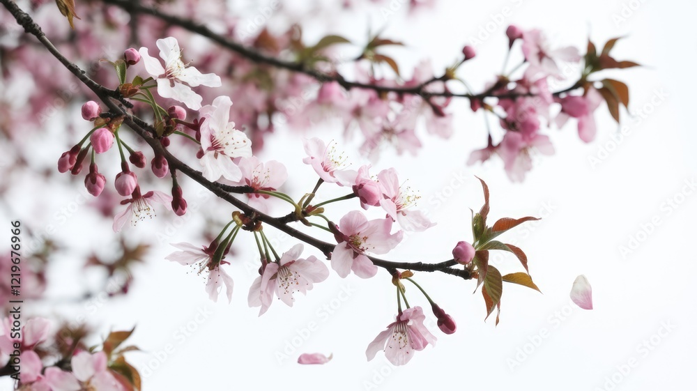 Delicate pink cherry blossoms gracefully bloom on a branch, petals gently falling. Delicate pink cherry blossoms gracefully bloom on a branch, petals gently falling.