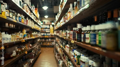 A well-stocked pharmacy aisle lined with shelves full of medicine bottles and supplements in an organized manner