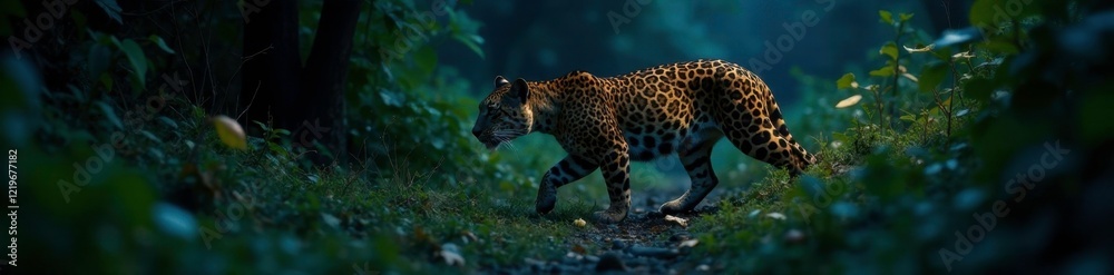 Naklejka premium Leopard prowling through dense underbrush at dusk, foliage, night, stealthy