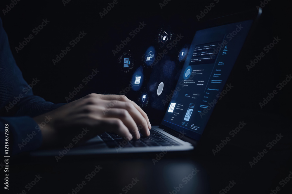 Person uses laptop computer with online document management system. Advanced features show on screen. Efficient file management system. Secure access, seamless workflow. Business technology for Person uses laptop computer with online document management system. Advanced features show on screen. Efficient file management system. Secure access, seamless workflow. Business technology for