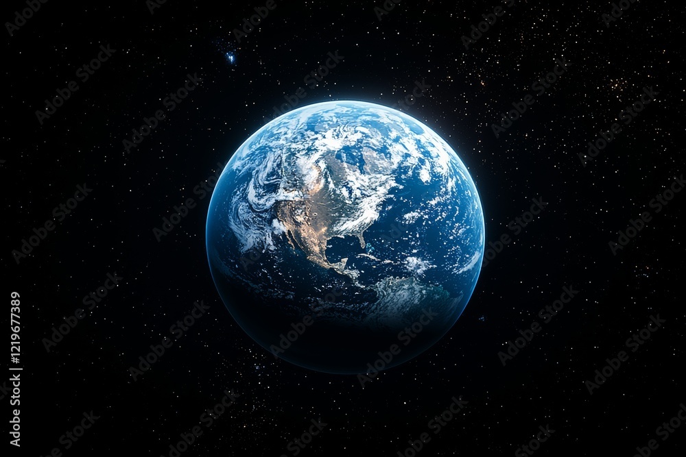 Naklejka premium In the void of deep space, Earth stands out, surrounded by a blue nebula and a radiant sun. The setting is a dark outer space backdrop, offering a view of Earth. The image includes elements courtesy