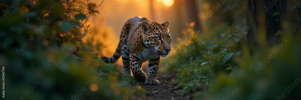 Fototapeta premium Leopard prowling through dense underbrush at dusk, stealthy, leopard