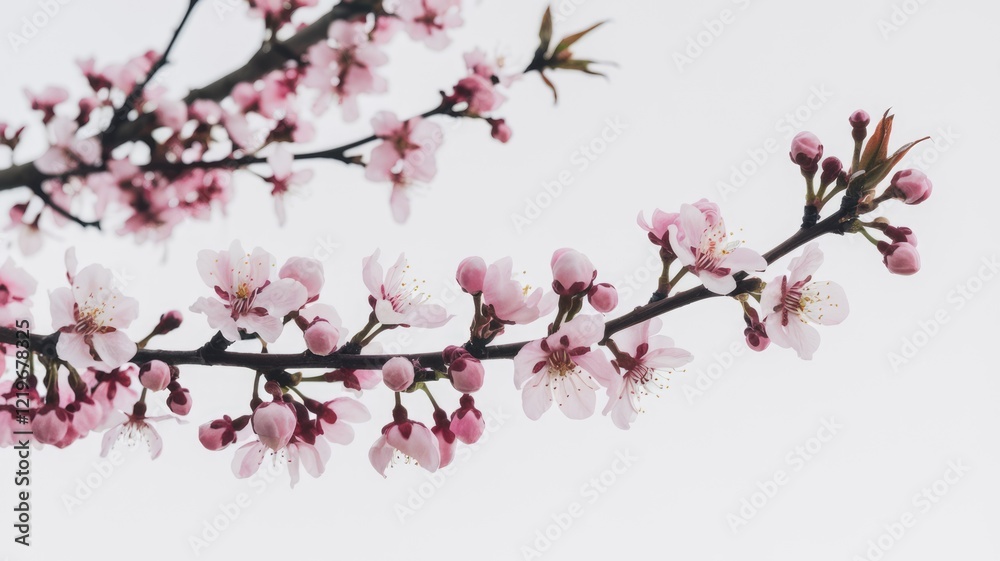 Delicate pink cherry blossoms blooming on a branch against a bright sky. Delicate pink cherry blossoms blooming on a branch against a bright sky.