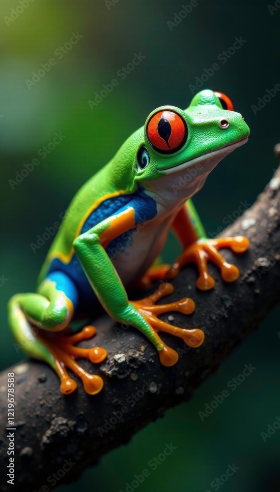Colorful ranitomeya ventrimaculata Rodyll on tree branch, frog, tree Colorful ranitomeya ventrimaculata Rodyll on tree branch, frog, tree
