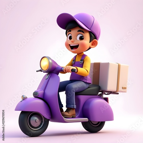 a_lively_and_cheerful_delivery_man_is_riding_a_purple_scooter_he_wears_a_purple_cap_and_uniform_wit_85fpxco4jerrhbe1kvp7_01