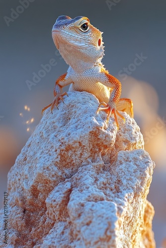 Colorful lizard perched atop textured rock.