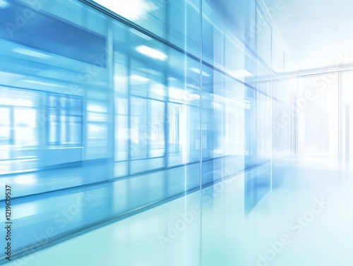 Futuristic office corridor with sleek glass walls and a blurred motion effect, creating a clean, modern, and minimalist design.