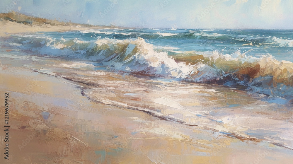impressionism oil painting with thick impasto brush strokes of waves on a sandy beautiful beach with puffy clouds. using muted browns, blues, and white. impressionism oil painting with thick impasto brush strokes of waves on a sandy beautiful beach with puffy clouds. using muted browns, blues, and white.