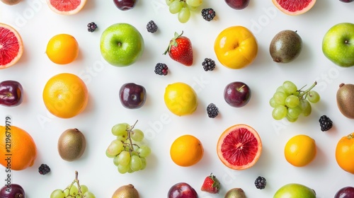Wallpaper Mural Top view of different summer fruits on white background, abundance, apples, berries, oranges Torontodigital.ca