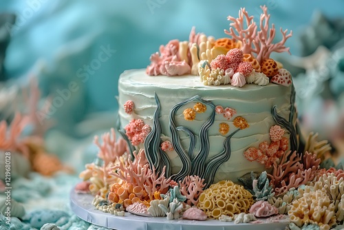 An underwater birthday cake with edible seaweed and coral accents, set against a beach-inspired backdrop photo