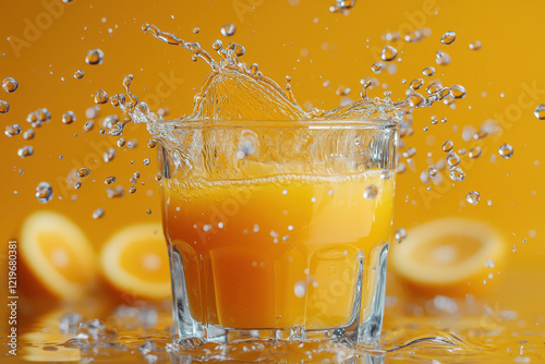 Shimmering droplets dance above a crisp glass of freshly squeezed orange juice against a vibrant yellow backdrop