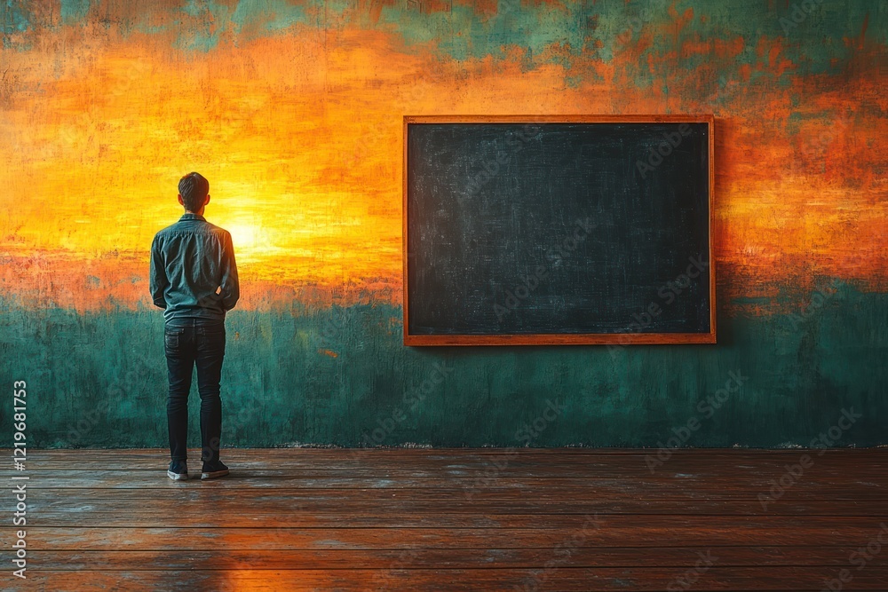 Person facing sunset, blank chalkboard, textured wall. Person facing sunset, blank chalkboard, textured wall.