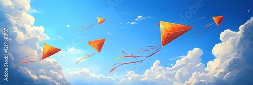 Bright orange kites fly high in clear blue sky dotted with fluffy clouds. Colorful ribbons trail behind kites. Festive image evokes traditional Indian holiday like Makar Sankranti. Children might photo