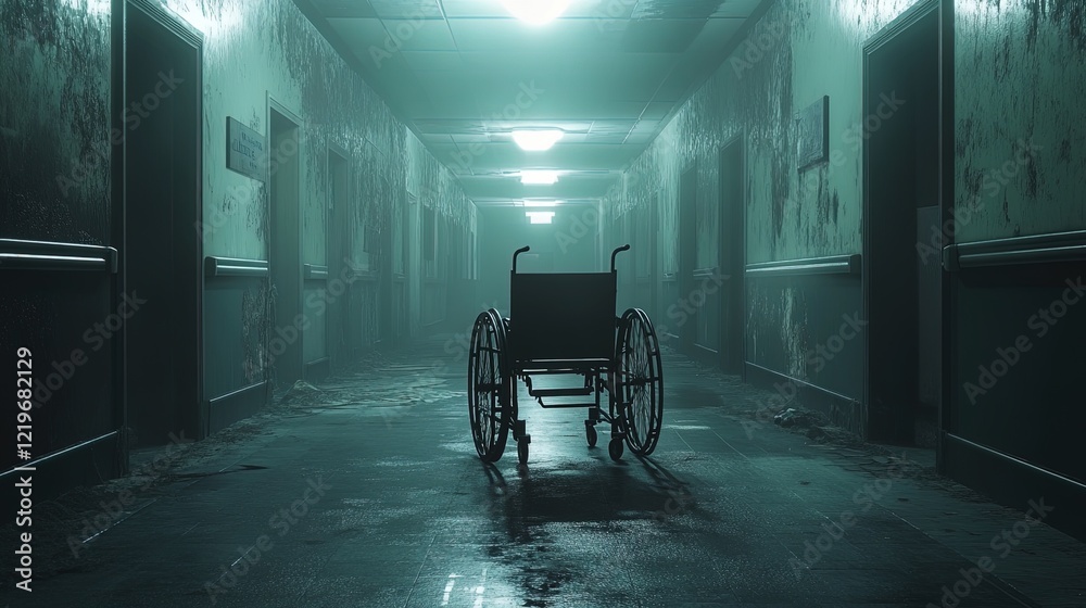 Obraz premium Abandoned hospital corridor with wheelchair in the middle, flickering lights and eerie shadows 