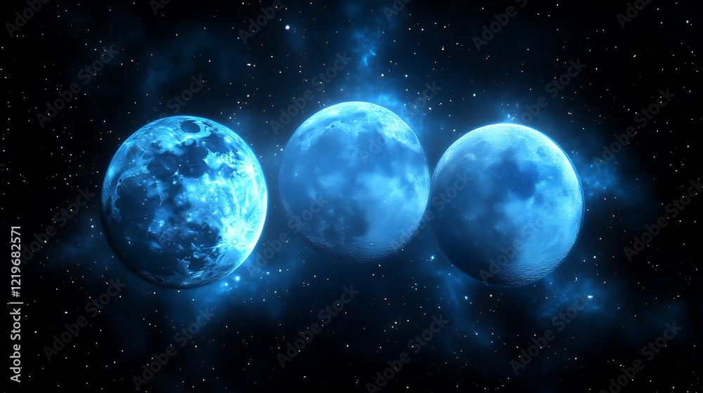 Fototapeta premium Three Celestial Bodies Aligned In Deep Space