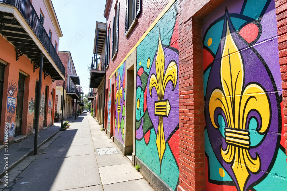 Naklejka premium Colorful mural featuring fleur-de-lis in an urban New Orleans alley, vibrant street art and graffiti, Mardi Gras celebration concept.