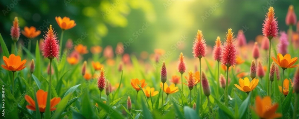 Colorful reed flowers sway gently in the breeze amidst lush green foliage, foliage, leaves Colorful reed flowers sway gently in the breeze amidst lush green foliage, foliage, leaves