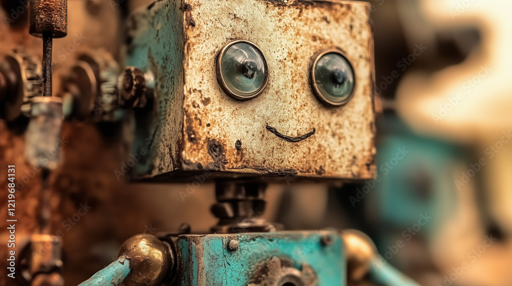 Rusty Robot's Charm: A close-up of a rusty robot with big, curious eyes and a friendly smile, showcasing the endearing charm of artificial intelligence. Its weathered metallic body adds a vintage. Rusty Robot's Charm: A close-up of a rusty robot with big, curious eyes and a friendly smile, showcasing the endearing charm of artificial intelligence. Its weathered metallic body adds a vintage.