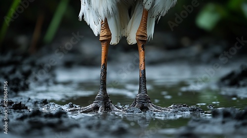 A zoomed in view of a stork's feet standing in muddy water photo