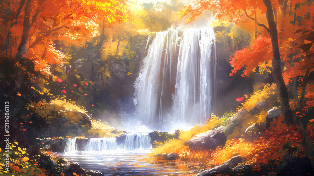 Obraz premium A beautiful waterfall cascades through a forest with vibrant autumn colors. Waterfall Cascade. Illustration