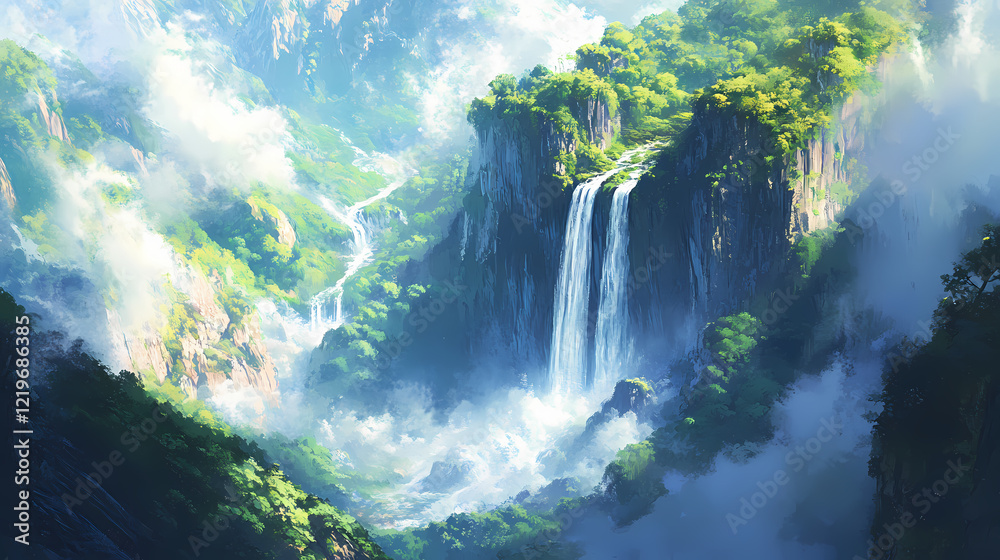A drone-shot of a waterfall cascading into a lush valley, with mist rising into the air. Waterfall Cascade. Illustration A drone-shot of a waterfall cascading into a lush valley, with mist rising into the air. Waterfall Cascade. Illustration