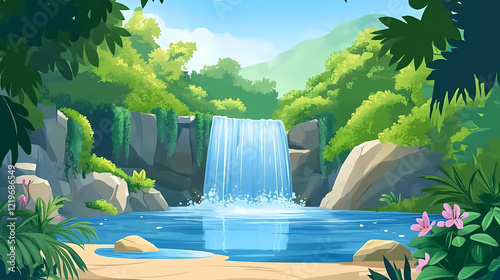 A gentle waterfall flowing into a secluded lagoon in the hidden forest. Waterfall Cascade. Illustration