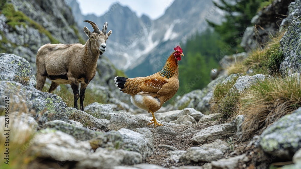 Mountain goat, hen, rocky path, alpine scenery. Mountain goat, hen, rocky path, alpine scenery.