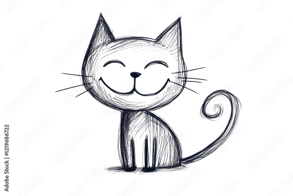 Fototapeta premium A simple childs drawing of a cat with whiskers, a long tail, and a smiling face, isolated on white background
