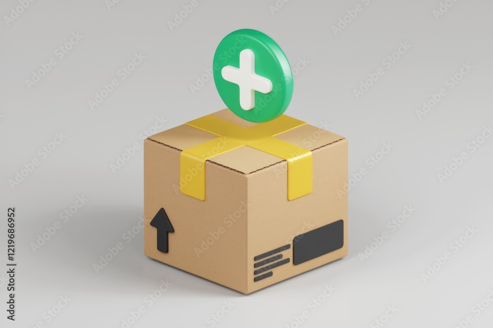 Obraz premium A cardboard box secured with yellow tape and a green plus sign symbolizing addition or new item.
