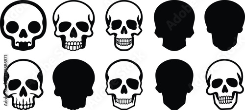 Skull silhouettes set, skeleton pack of vector silhouette design, isolated background